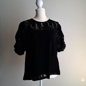 nwt Anthropologie black M Parvati velvet lace burnout top shirt puff sleeve